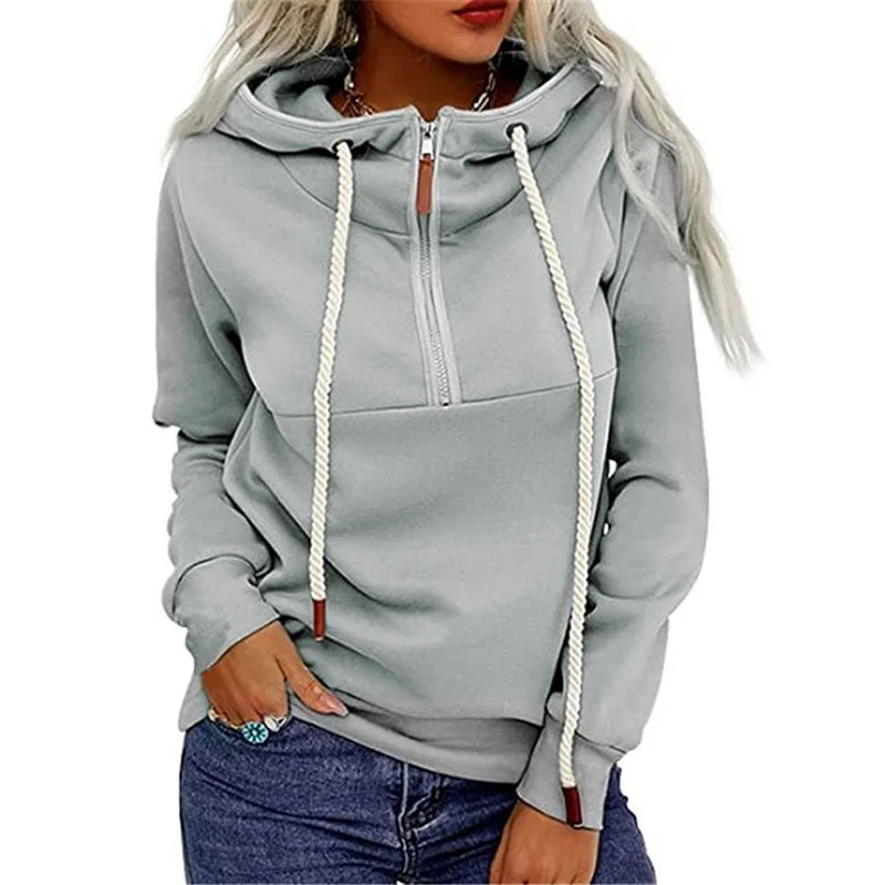 

Female Tops Solid Color Long Sleeve Hooded Pullover Blouse With Zipper for Spring Fall Women's Sweatshirts Streetwear Y2k Hoody
