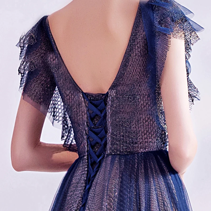 

Evening Dress Illusion Vintage Lace Sequined Beading Tulle Floor-Length V-Neck A-Line Short Luxury Blue Women Formal Gown TS608