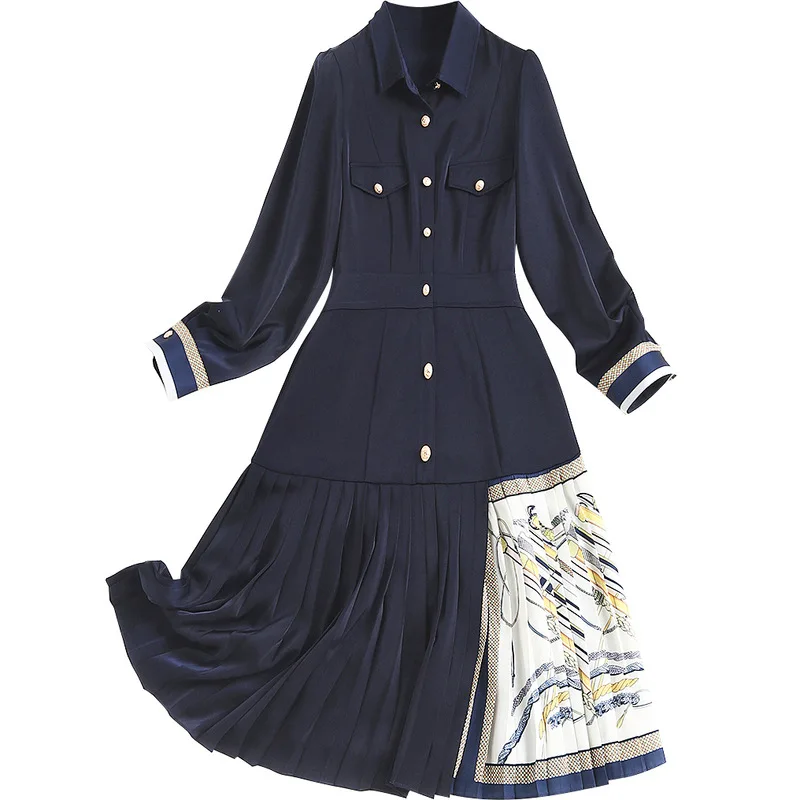 

Women designer satin shirt dress turn down collar long sleeve single breasted color block pleated hem spring dresses 2021