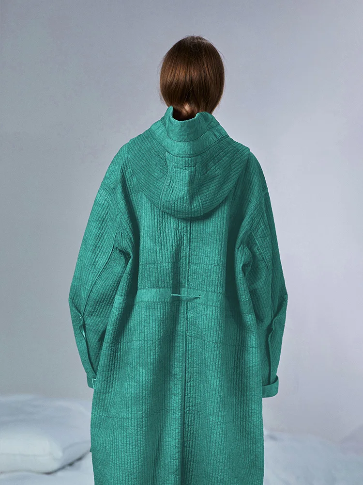 Design New Original Autumn Winter Women Casual Oversized Striped Long Green Cotton Padded Warm Hooded Parkas Jacket | Женская одежда