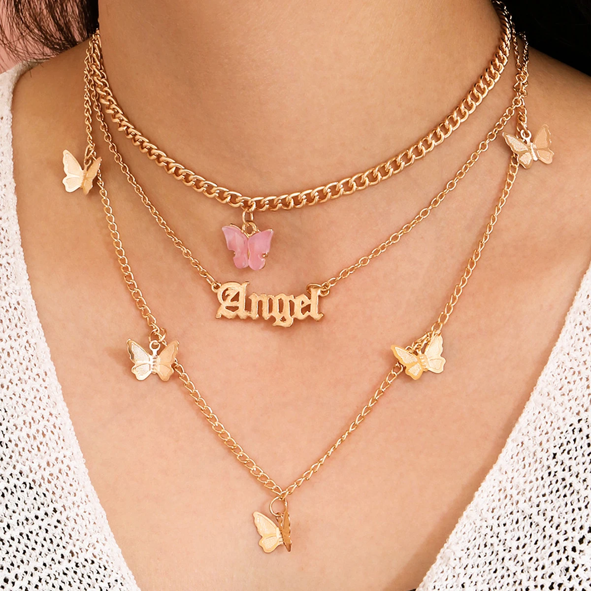 

Butterfly Angel Pendant Necklace Womenâ€™s 2021 Fine Alloy Acrylic Multi-Layer Clavicle/Sweater Chain Fashion Jewelry Wholesale