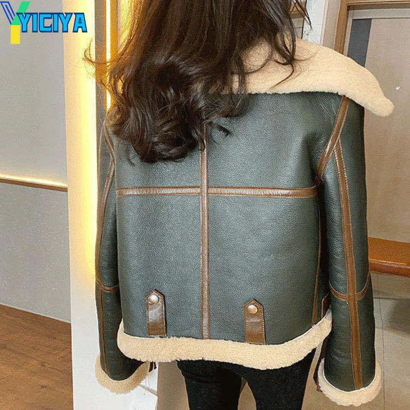 YICIYA 2021 Winter Plus Size Womens Large Lapel Thickened Short Fur One-piece Sheep Plus Velvet Jacket  Women Leather Jacket Y2k