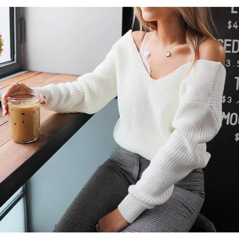 Женский свитер с асимметричным подолом ZAFUL Осенний Однотонный глубоким вырезом и