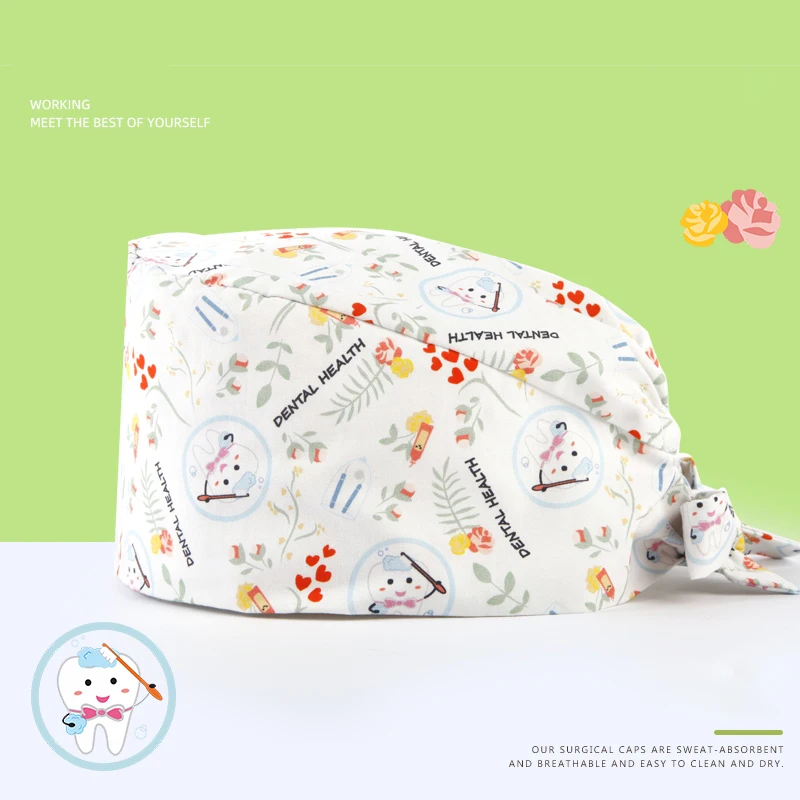 

Tooth Print Dental Scrub Caps Pattern Scrubs Hat Women Men 100% Cotton Veterinary Dust Proof Chef Working Skull Cap White