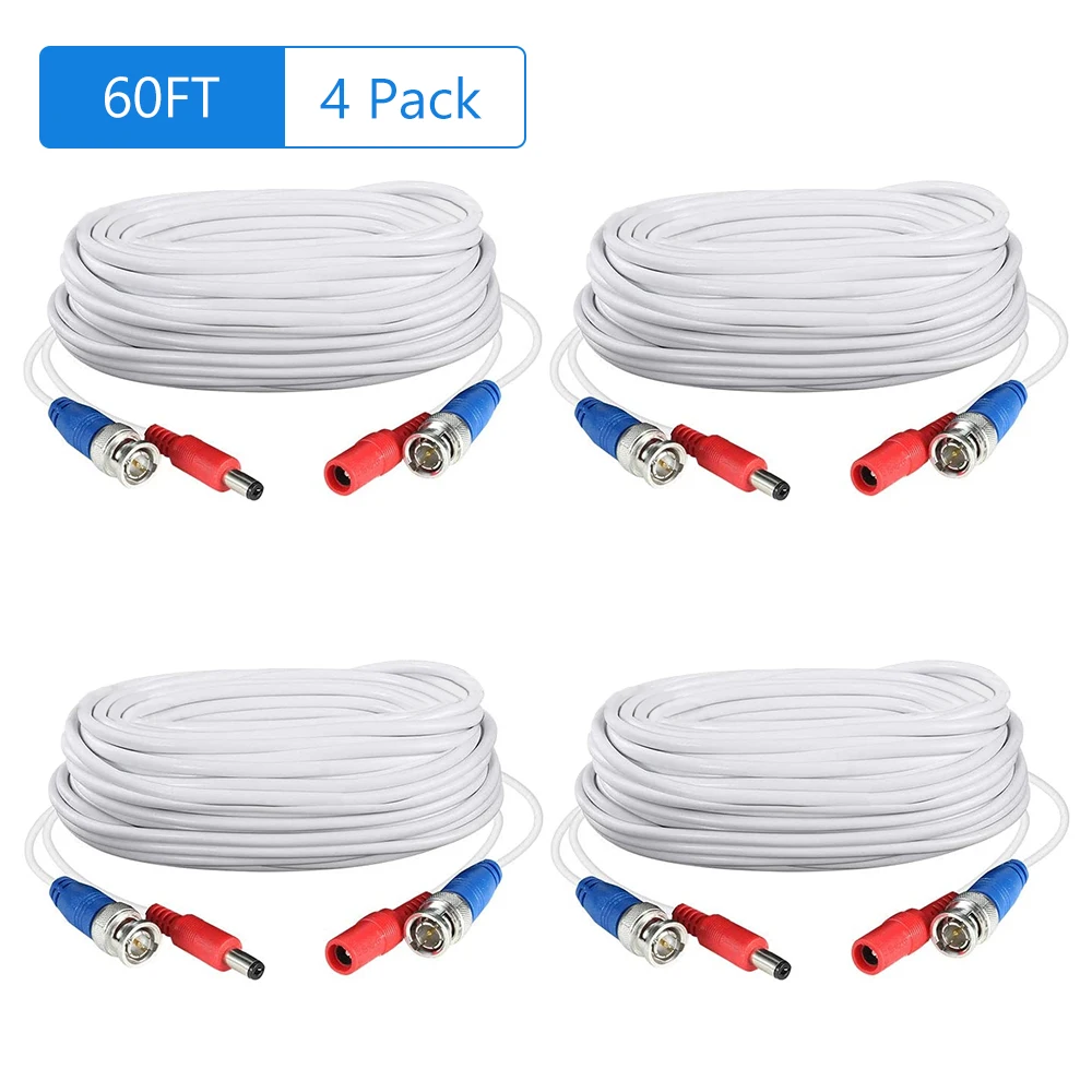 

Black/White 60ft /18.3m 2-in-1 Video Power CCTV Cable BNC Extend Cord for Home Security Surveillance Cameras DVR System