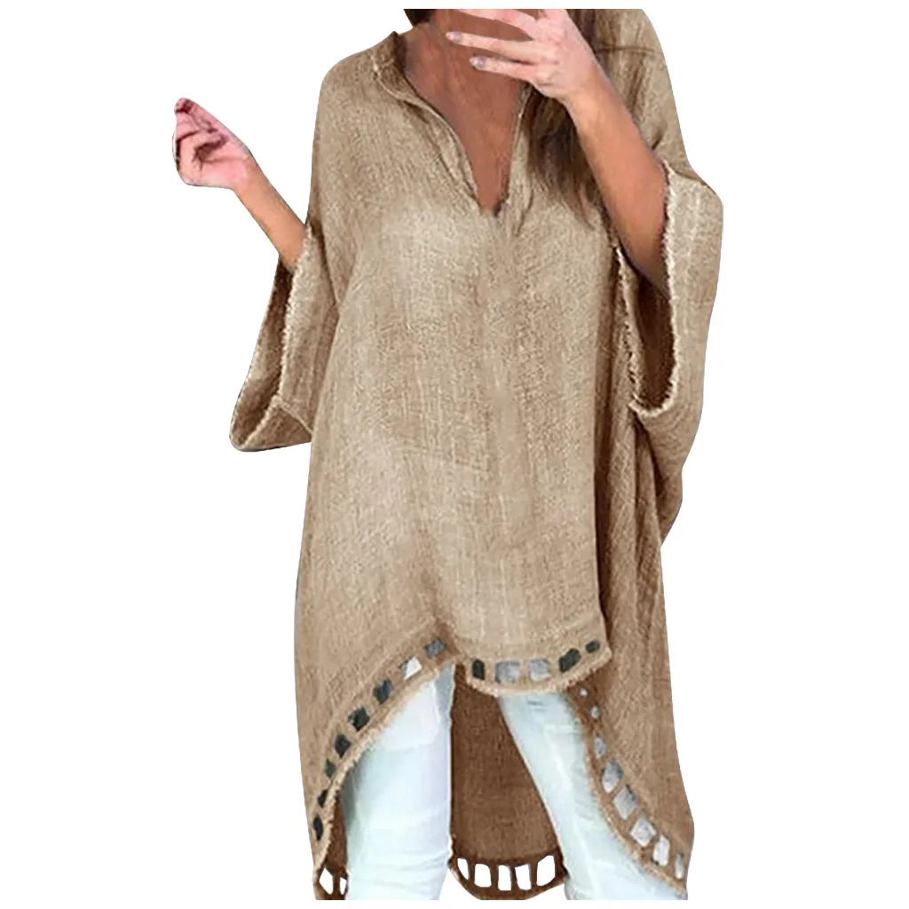 New Women Fashion Solid Colors V-neck Cotton Line Vintage Loose Irregular Long Sleeve Shirt Tops Blouse Blusa Plus Size#g3 | Женская