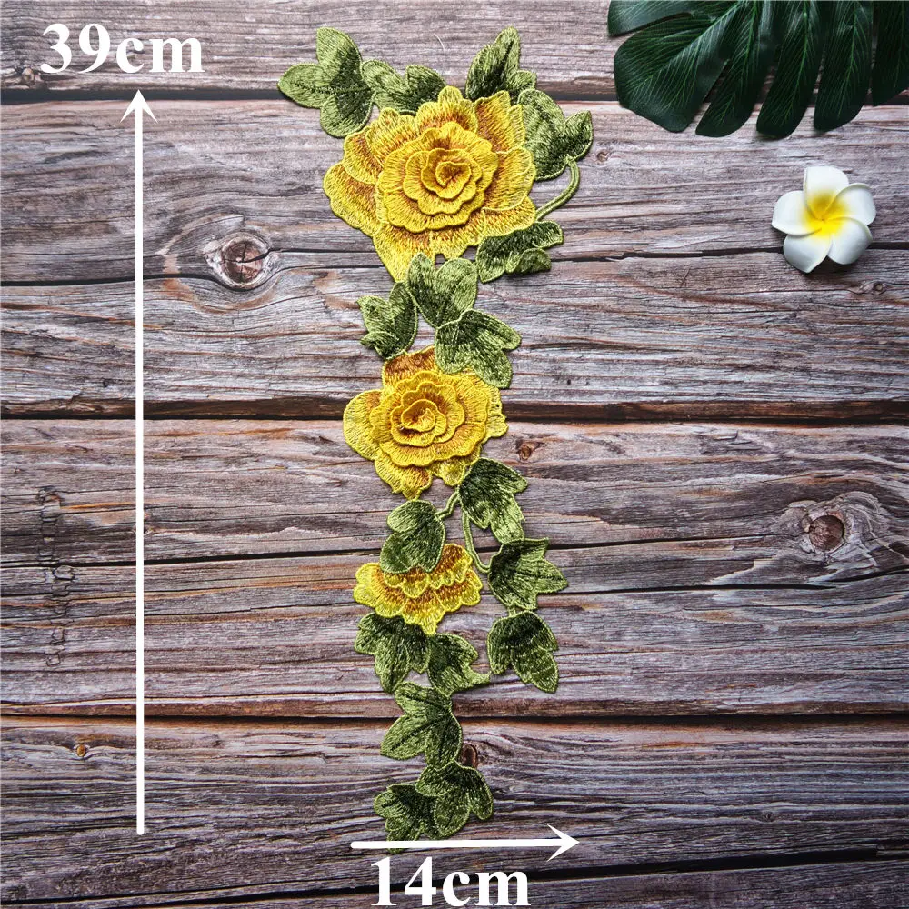 Желтый вышитый 3D цветок листья платье аппликации кружева ткань воротник нашивка