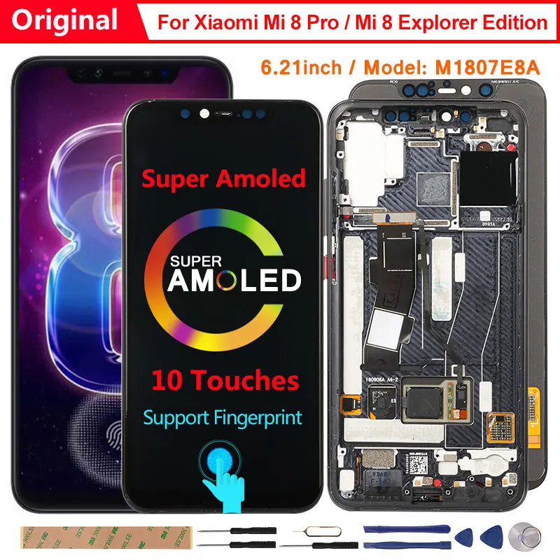Pantalla Original para Xiaomi Mi 8 Pro Mi8 Explorer Edition, reemplazo de pantalla LCD Super Amoled con huella dactilar para Mi 8 Pro M1807E8A-0