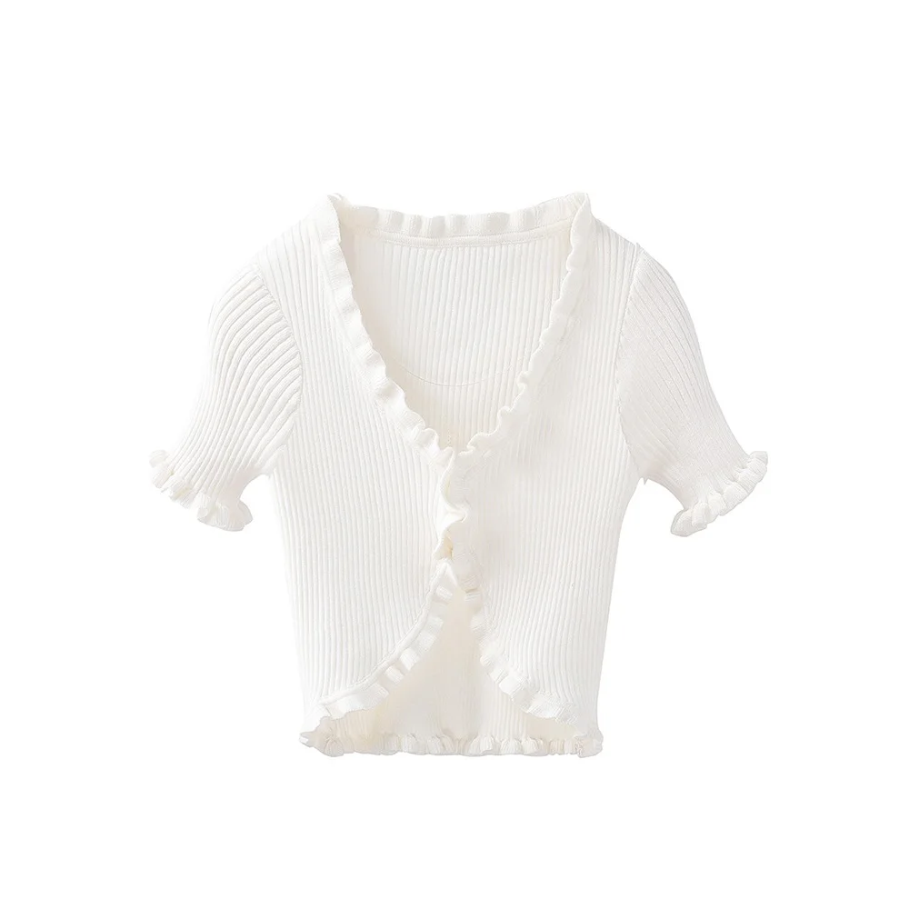 

Summer Tight-fitting Stretch Knit Ruffle Ladies Tops T-shirts 2021New Ladies Fashion Short-sleeved All-match Tops Cardigans bra