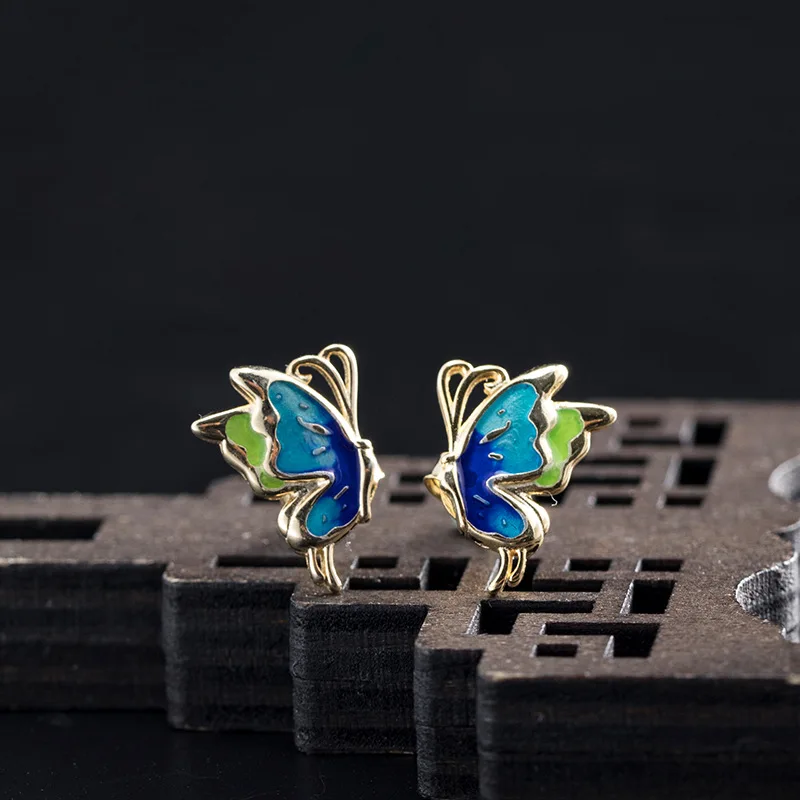 

100% S925 Silver Retro Vivid Blueing Butterfly Lady Earrings Female Simple Small New Chinese Ethnic Style Ear Studs Jewelry