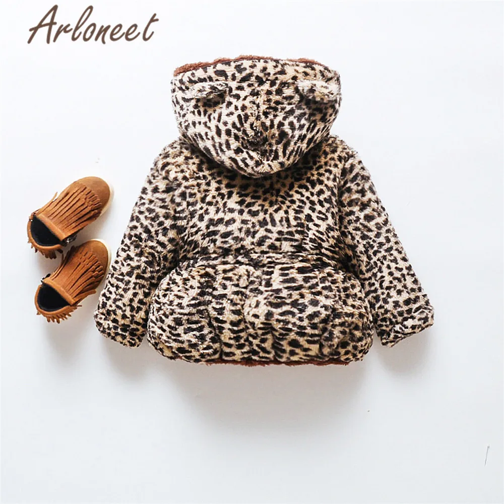 Детское пальто с капюшоном ARLONEET на молнии леопардовым принтом и плюшевой