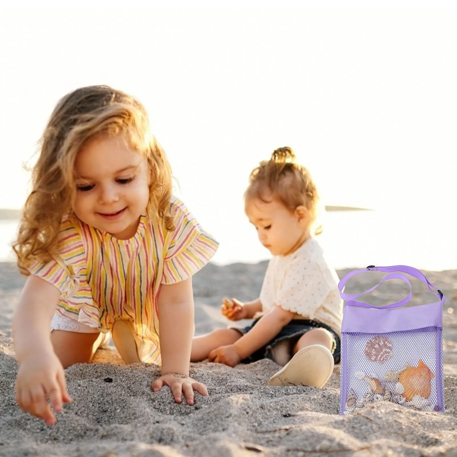 

Borsa per bambini in rete colorata borsa da spiaggia conchiglia borsa traspirante regolabile con tracolla Organizador