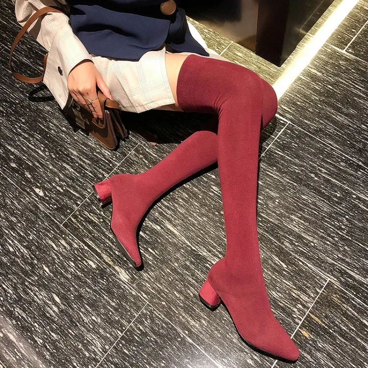 red 4.5cm Весенне-Осенние эластичные вязаные тонкие длинные ботиночки; растягивающиеся ботфорты с острым носком; высокие сапоги до бедра с острым носком; носки - Цвет: red 4.5cm