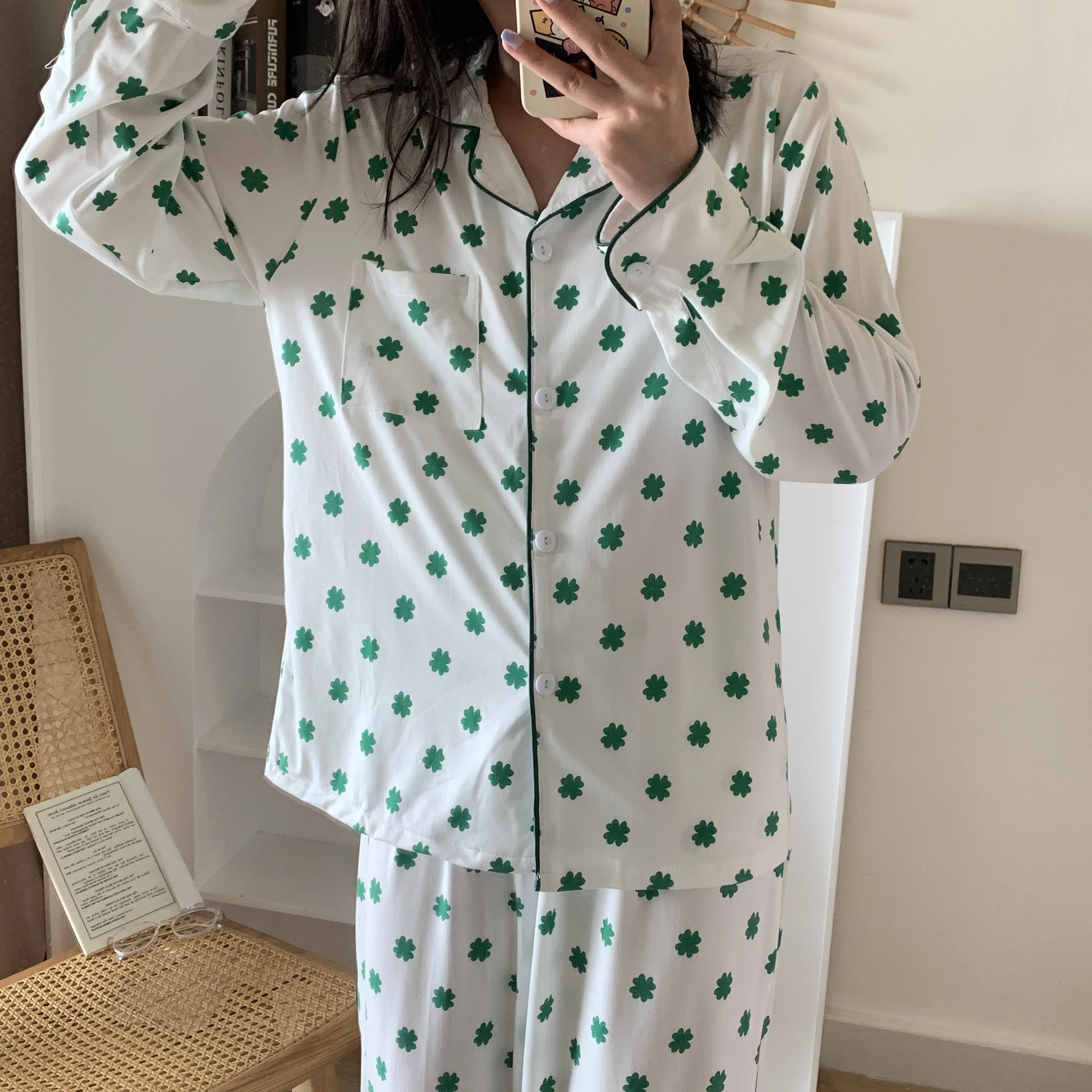 

JRMISSLI Autumn Pajamas For Women Print Ruffle Pyjamas Long Sleeve Trousers Home Clothing Ruffle Plus Size Pijama