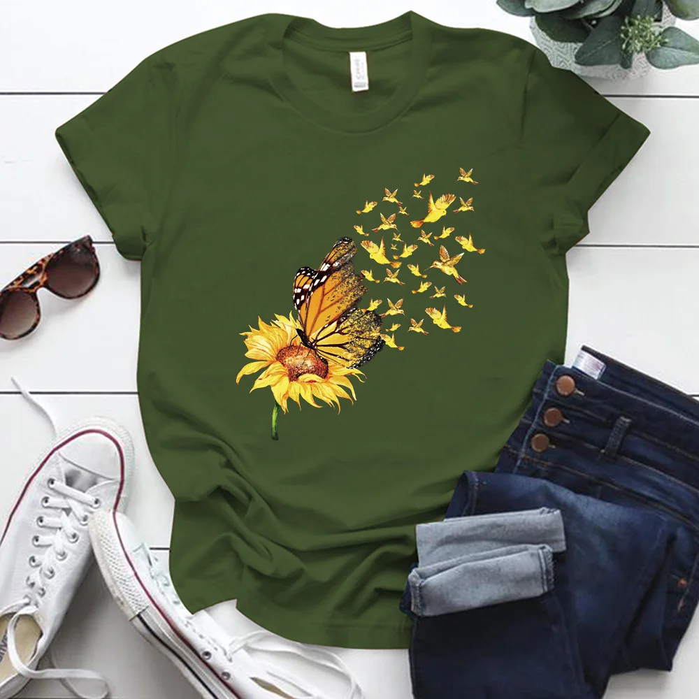 

Vintage Sunflower Butterfly Printing Woman Tshirts Plus Size O-neck Aesthetic Femme T-shirts S-5xl Summer Women Tops Ropa Mujer