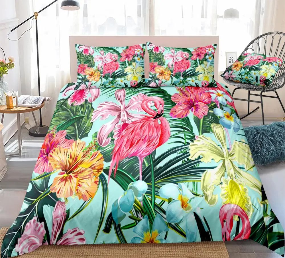

Flamingo Bedding set Bedclothes Colorful Flowers Duvet cover set Green Palm Leaves home textiles Tropical quilt cover king size