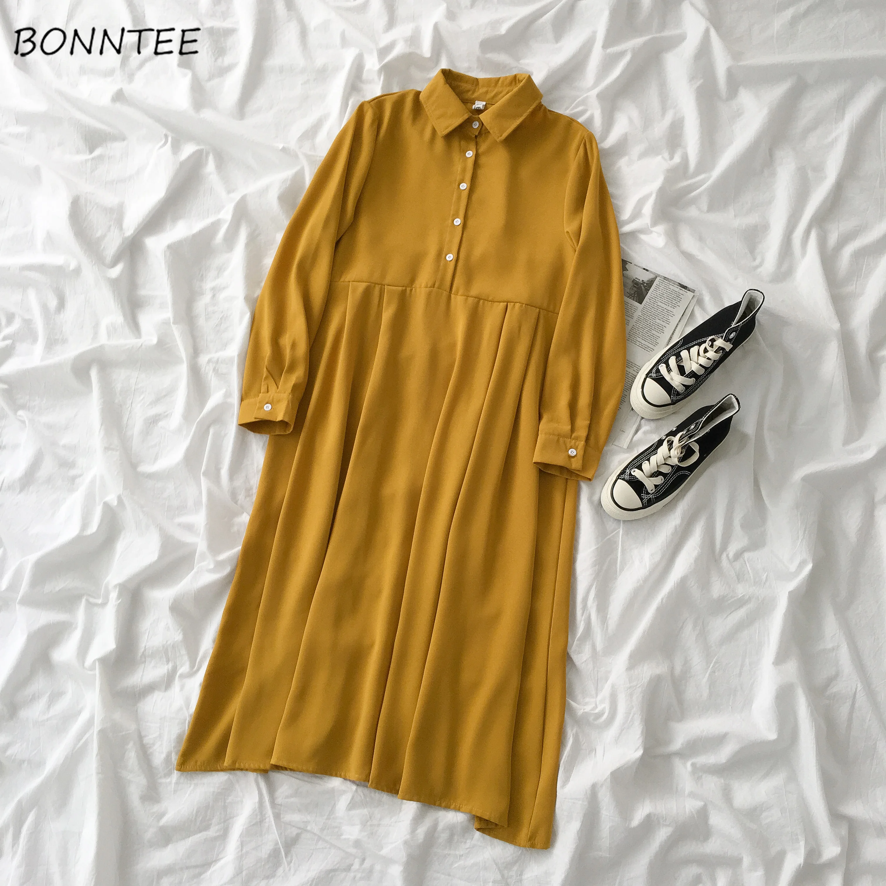 

Dress Womens Solid A-Line Casual Autumn Spring Retro All-match Simple Daily Turn-down Collar Basic Vintage Harajuku Stylish Chic