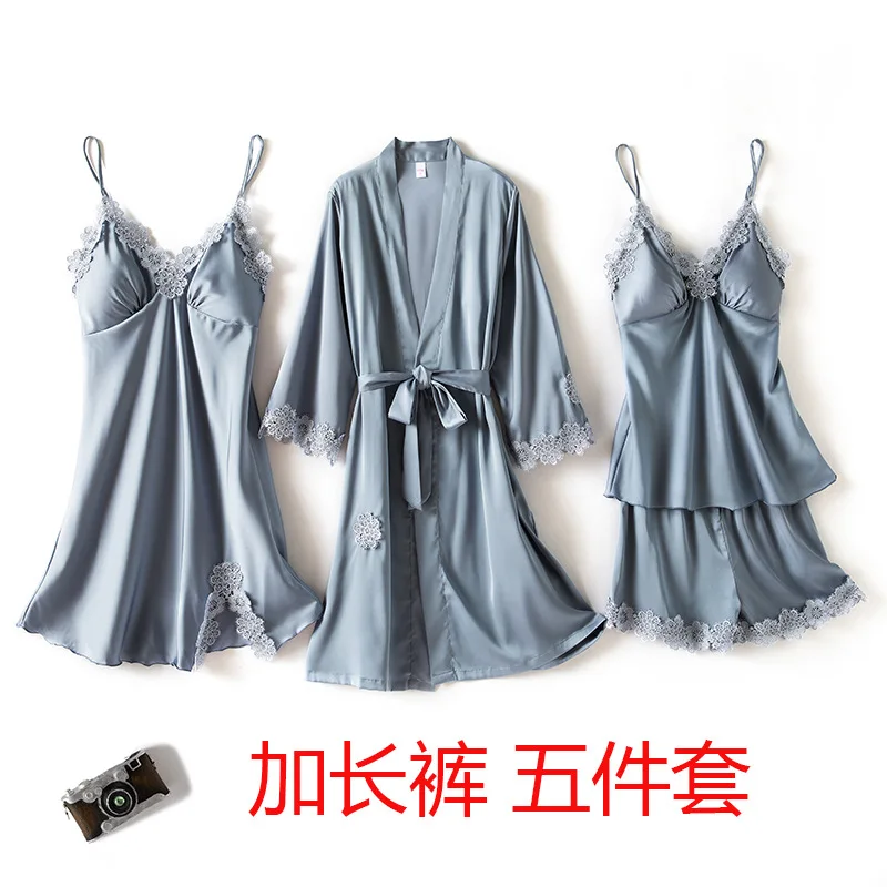 

Sexy Pijama Home Wear Sleep Lounge Pyjama with Chest Pads Women Pajamas 5 Pieces Sets Satin Lace Sleepwear