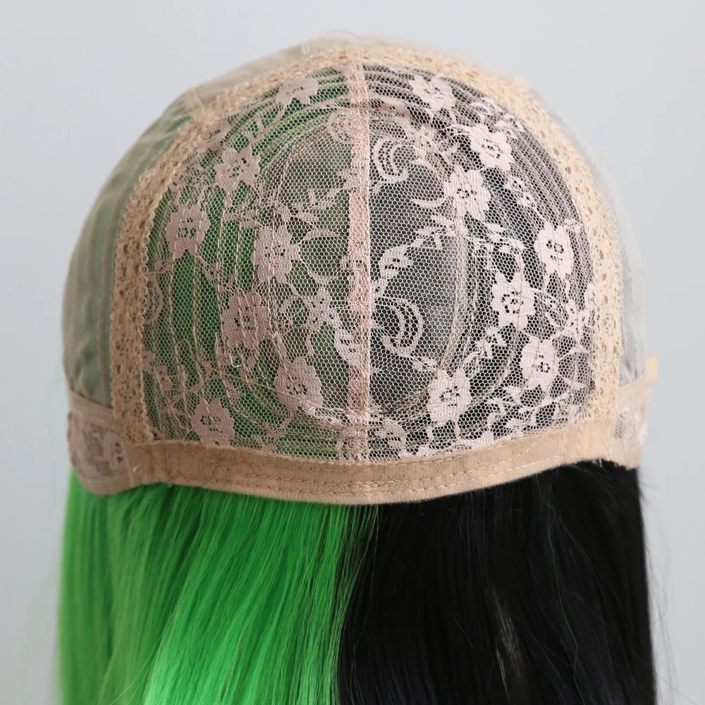 

BTWTRY None-Lace Straight Half Green Half Black with Bangs Synthetic Wigs for Women Long Heat Resistant Fiber Hair Cosplay Wig