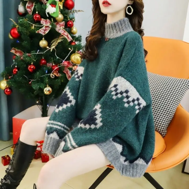 

2021 Women Autumn Winter Christmas Sweater Ladies Knitted Jumper Pullover Women Sweater Printed Sweaters and Pullovers Y235