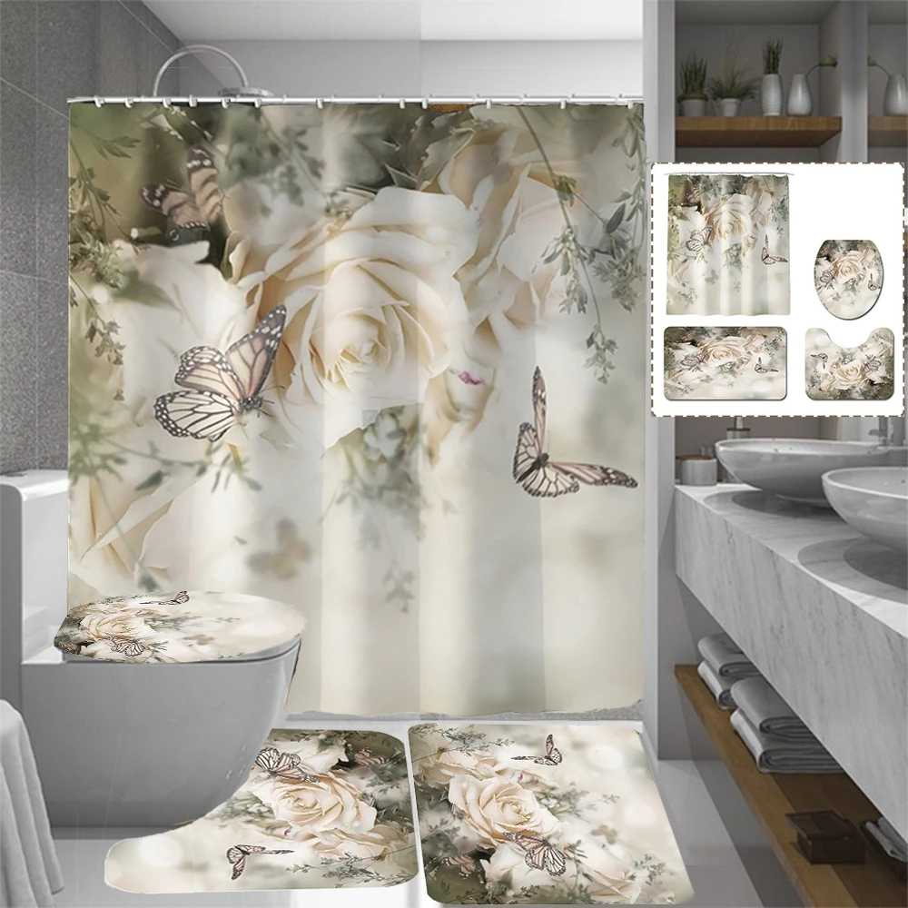 

3D Butterfly Flower Printing Shower Curtain Set Toilet Seat Cushion Non-slip Bath Mat Carpet, Suitable for Bathroom Scenes