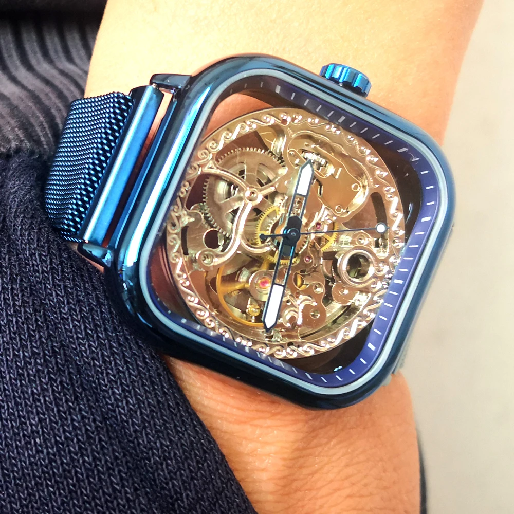 Квадратные Автоматические наручные часы для мужчин синий сетчатый ремешок из