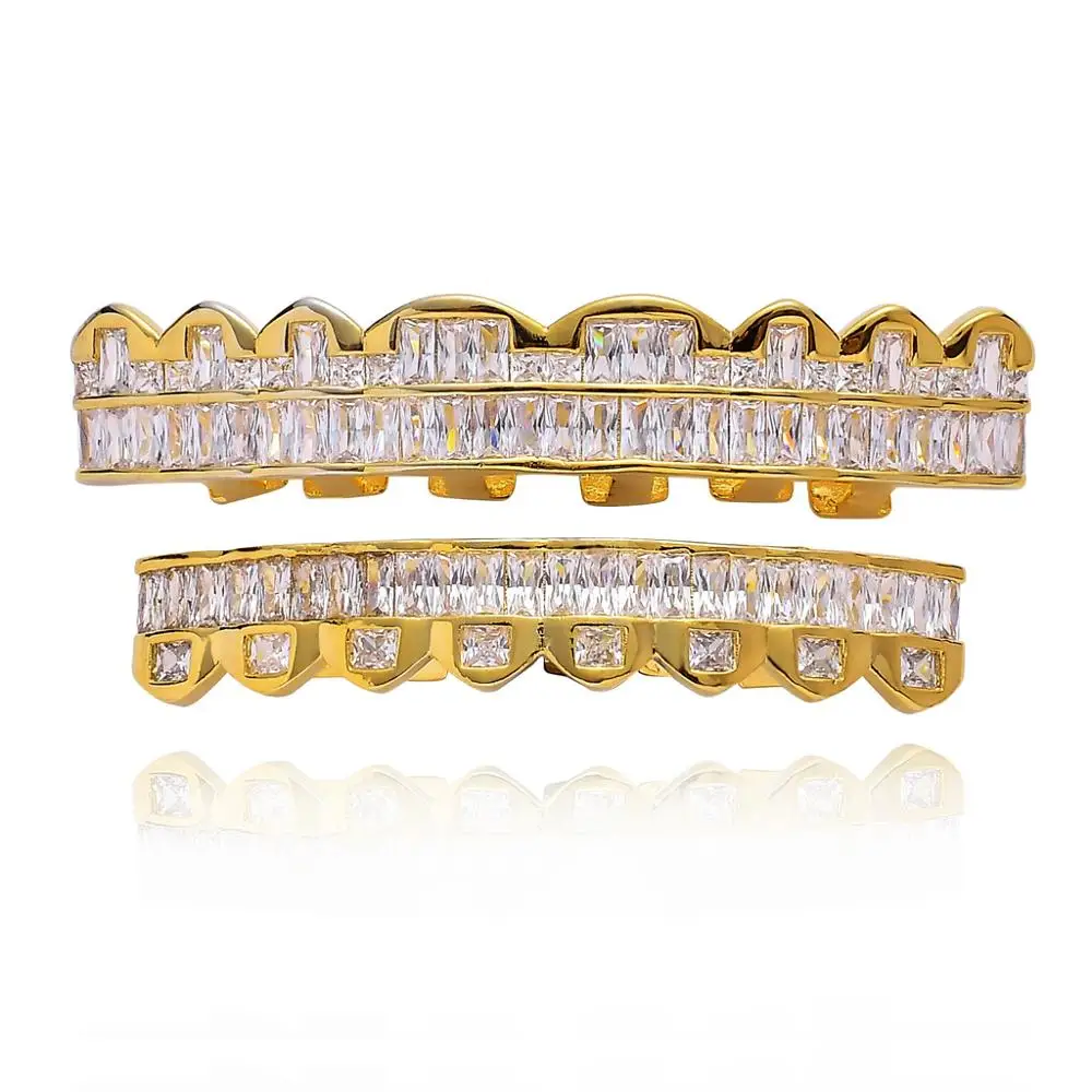 Хип-хоп квадратный CZ камень проложить Bling Iced Out плоские зубы грили верхний нижний