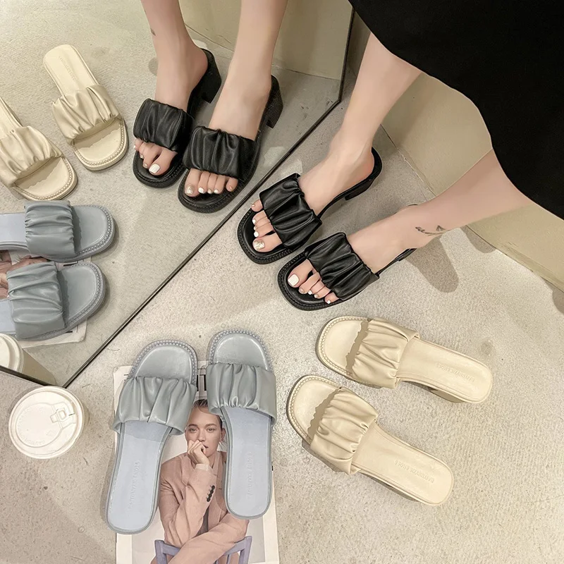 

Shoes Womens Slippers Outdoor Med Pantofle Luxury Slides Square heel 2021 Soft Designer Block Hoof Heels Rome PU Fashion