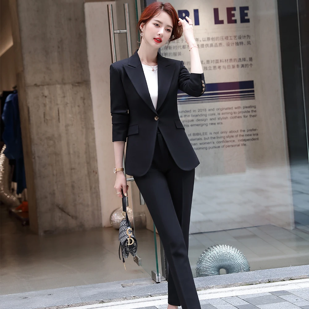 

High Quality Women Solid Pant Suit Slim Business Career 2 Piece Set Pink Gray Black Green Work Wear Soft Blazer And Trousers