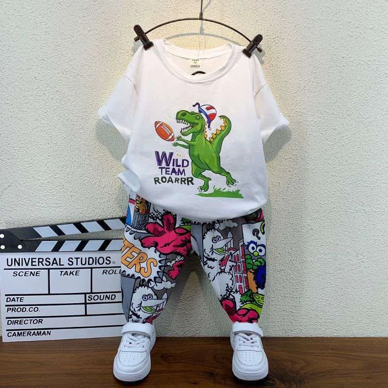 

New Foreign Style Children's Summer Short-sleeved Cartoon Printed Pattern T-shirt Pants Kids Two-piece Suit Boy's Clothes BT147