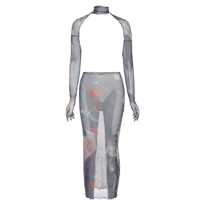 

Angels Secret European and American style 2020 autumn new women's halter neck vest mesh print skirt casual suit AG41455