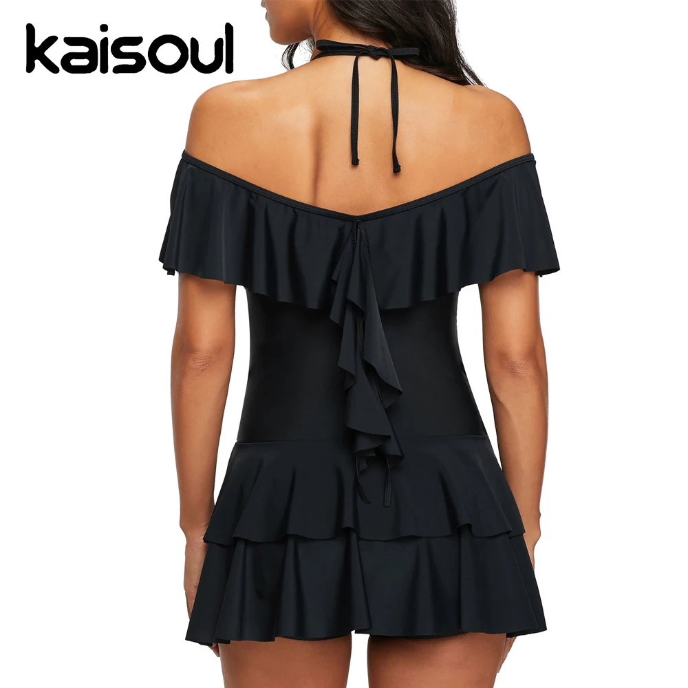 Solid Black Ruffle Tankini Set Backless One Shoulder Women's Tracksuit Skirt Suit Tie Vintage Plus Size Swimsuit Women Push Up
