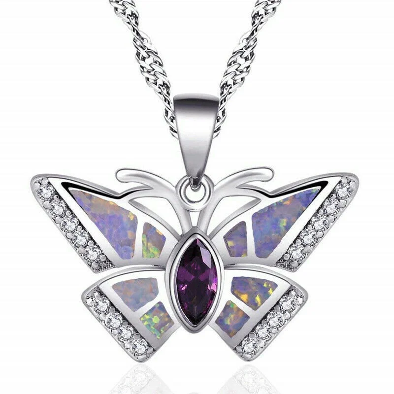 

Fashion Silver Simulated Opal -Tone Butterfly Pendant Necklace