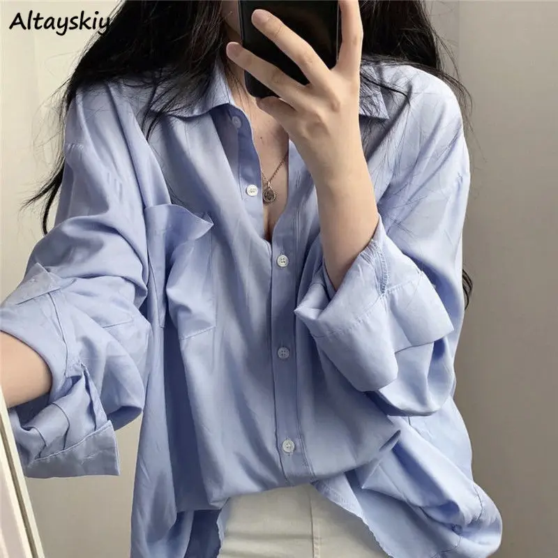 

Women Shirts Long Sleeve Leisure Korean Style Summer Turn-down Collar Simple Single Breasted Solid Ladies Comfortable All-match