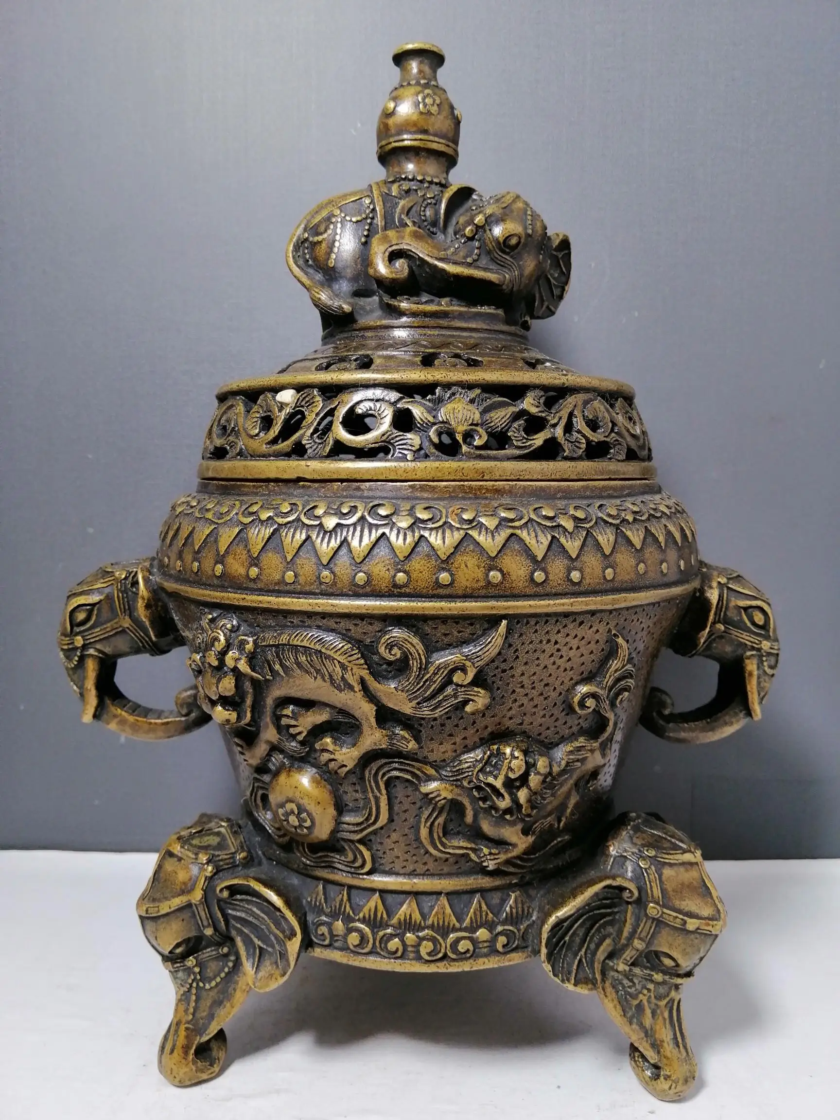 

Exquisite, pure handmade bronze, double lion elephant incense burner