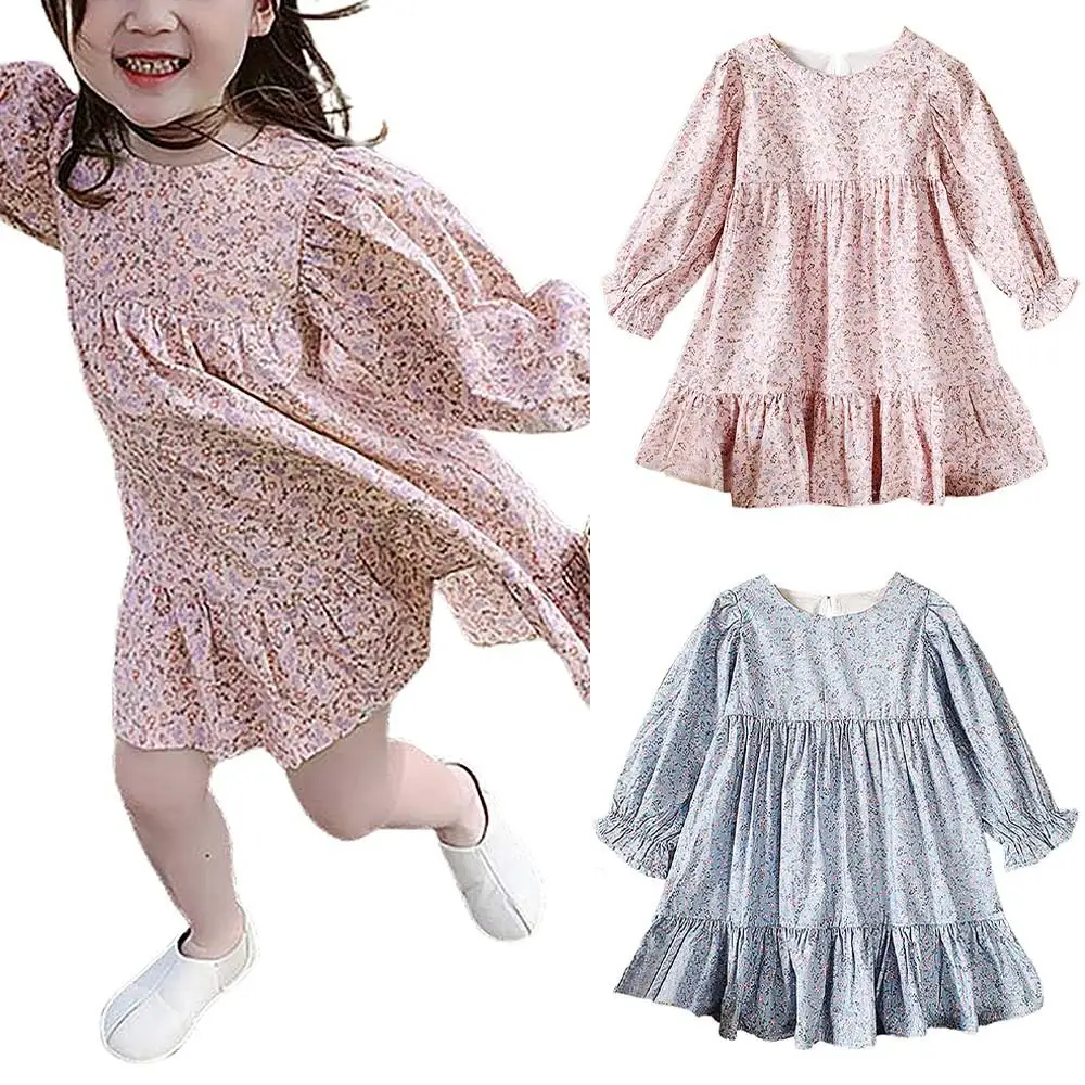 

Child Priness Dress Puff Sleeves Floral Printed Casual Loose Girls Ruffled Hem Swing Dresses for 2-9Y Kids