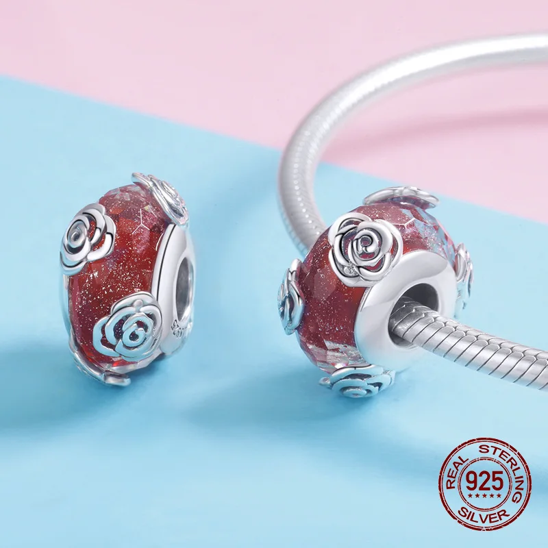 Стеклянные бусины с красной розой подвеска для браслета Шарм-подвеска из