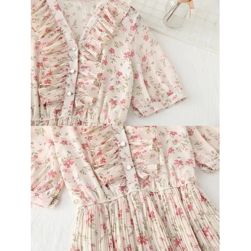 

Office Ladies Chiffon Dress Elegant Buttons Slim Vintage Romance Party Women Dress V-neck Floral Print Midi Vestidos Mujer