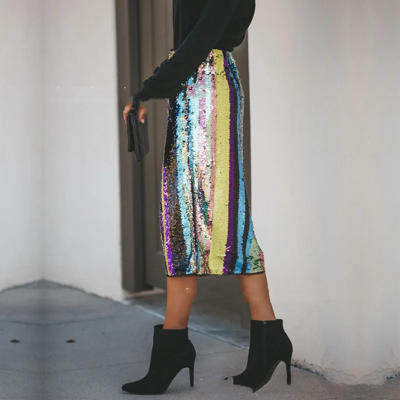 Женская одежда SKMY блестящая Клубная облегающая юбка в полоску с блестками и