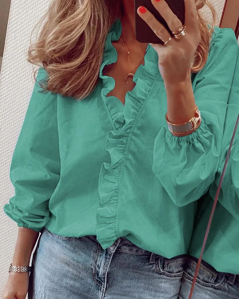 

New Women Blouse Summer Spring Shirt Solid Ruffle V Neck Long Sleeve Slim Pineapple Printed Blouse korean fashion clothing