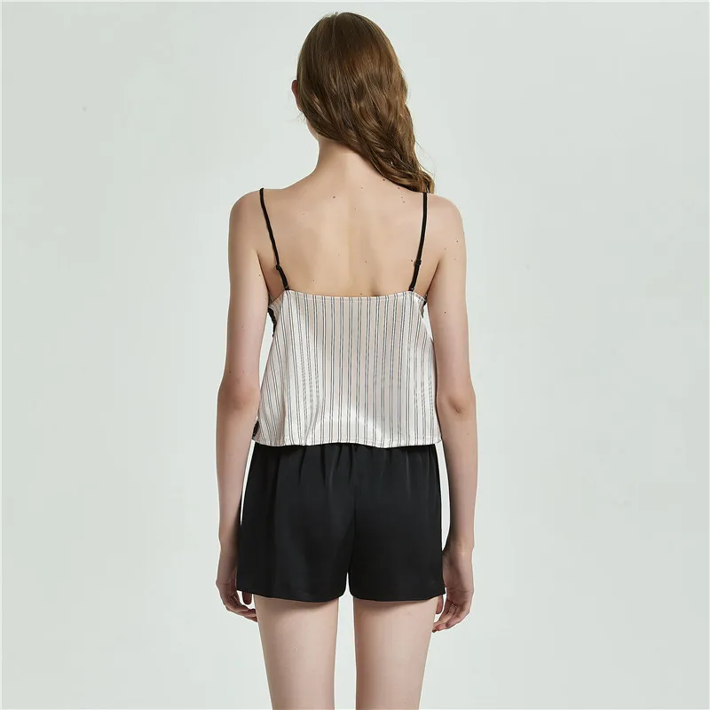 2020 New Lace Trim Satin Cami Striped Flared Shorts Loose Pajama Set Sexy Pajamas for Women