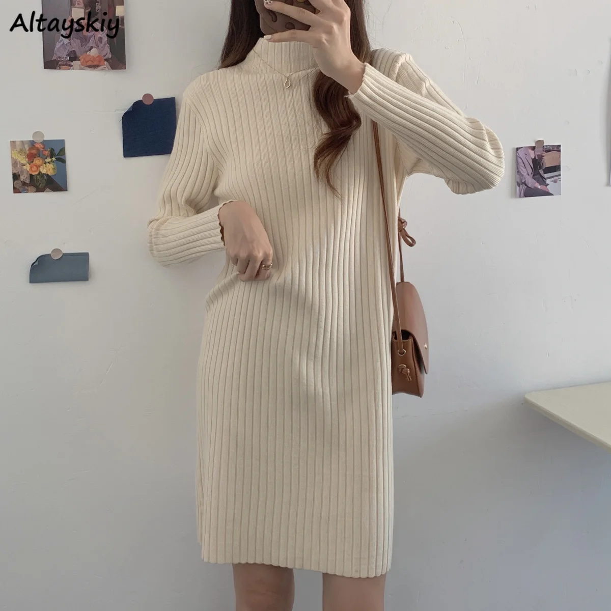 

Women Straight Long Sleeve Dress Solid All-match Half High Collar Basic Elegant Casual Vintage Minimalist Office Lady Popular