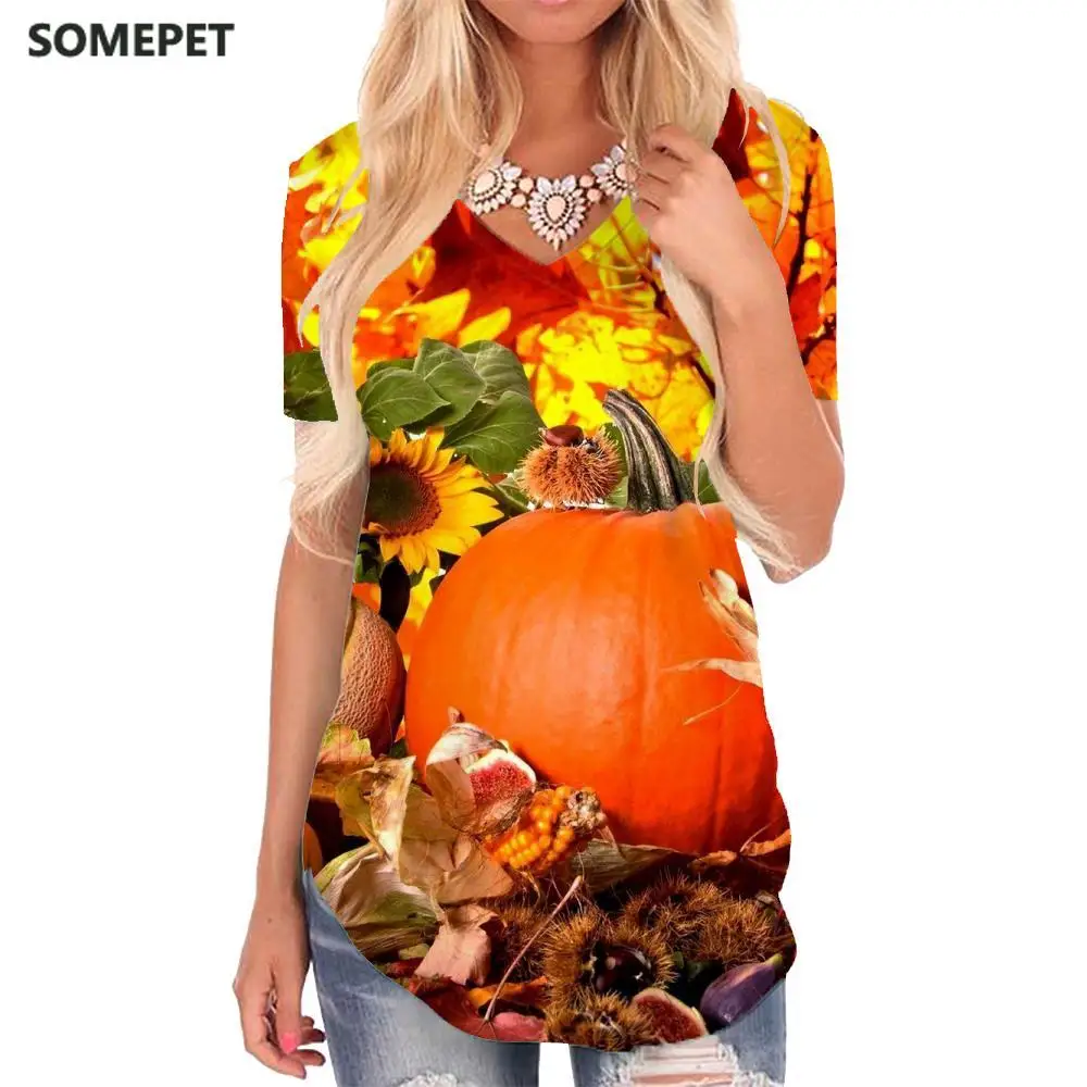

SOMEPET Pumpkin T Shirt Women Halloween T-shirts 3d Flower V-neck Tshirt Maple Leaf Funny T shirts Womens Clothing Summer Loose