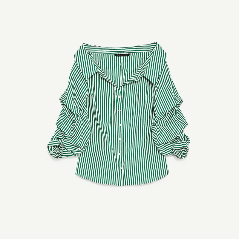 

GALCAUR Casual Striped Women Shirt Slash Neck Lantern Three Quarter Sleeve Loose Ruched Female Blouse Fashion Clothing 2020 New