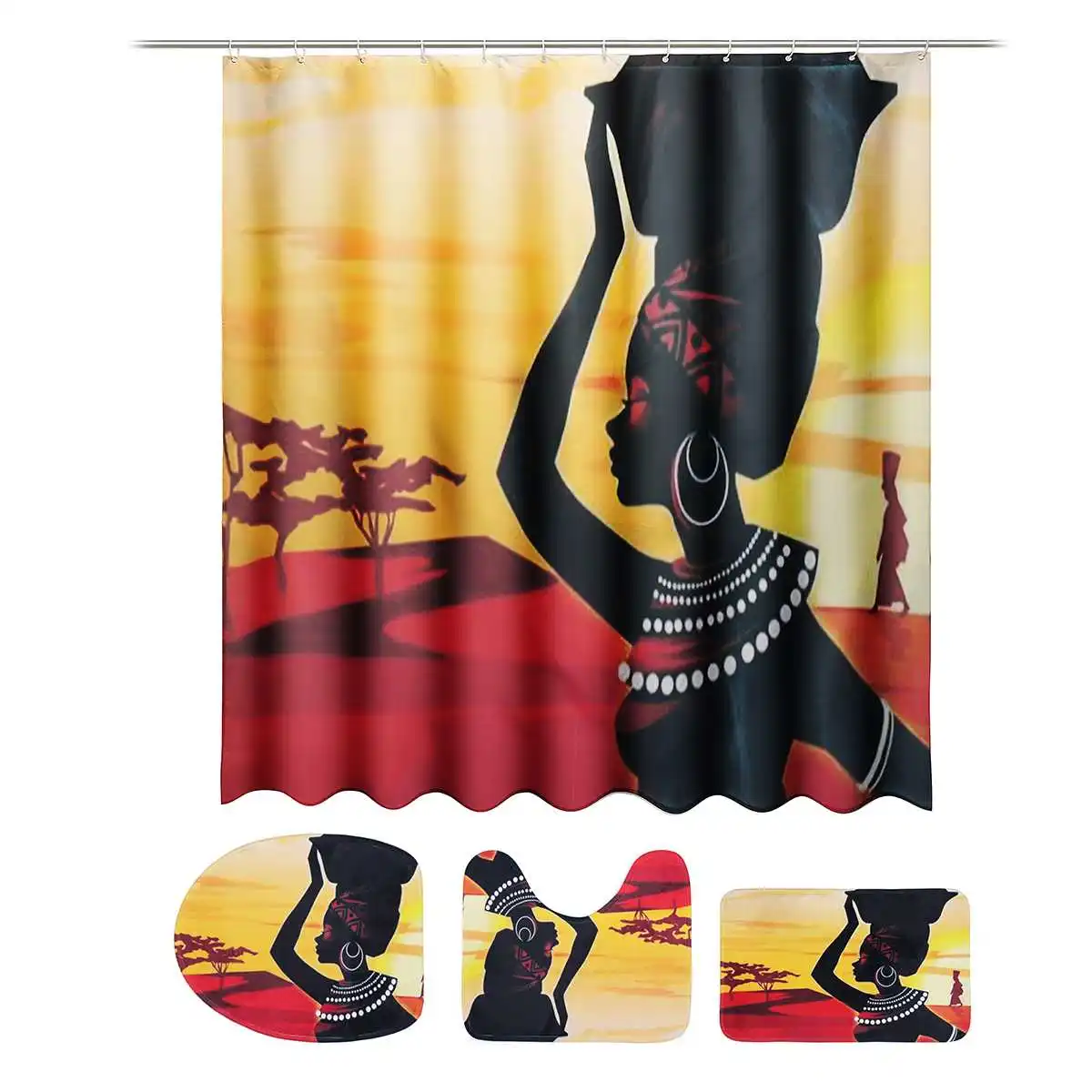 

4Pcs Bathroom Suit African Girl Waterproof Toilet Cover Rug Mat Set Flannel Bathroom Shower Curtain