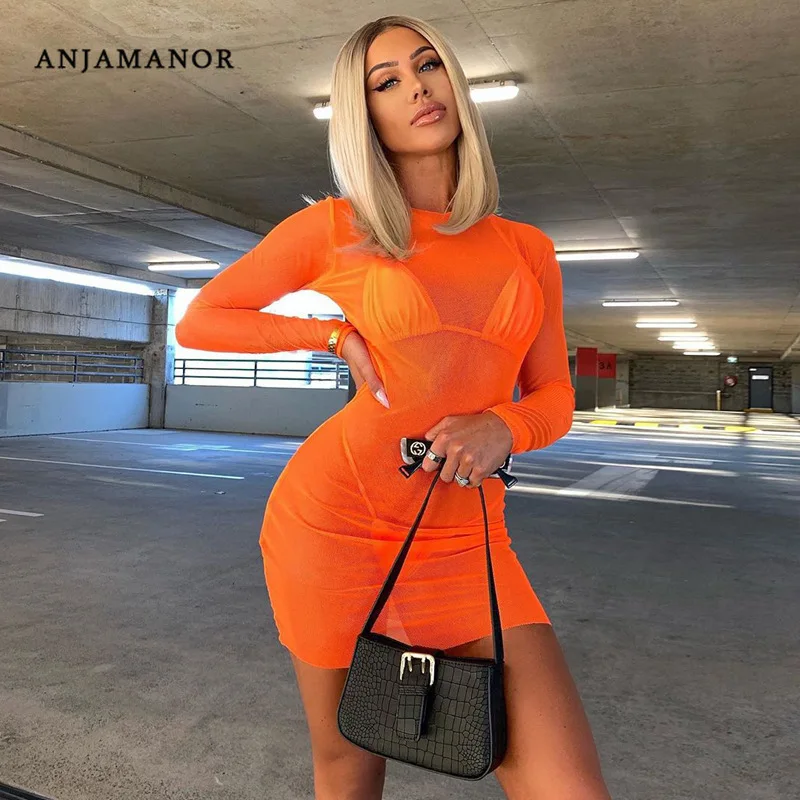 ANJAMANOR неоновые оранжевые прозрачные сетчатые Сексуальные Платья Клубная одежда