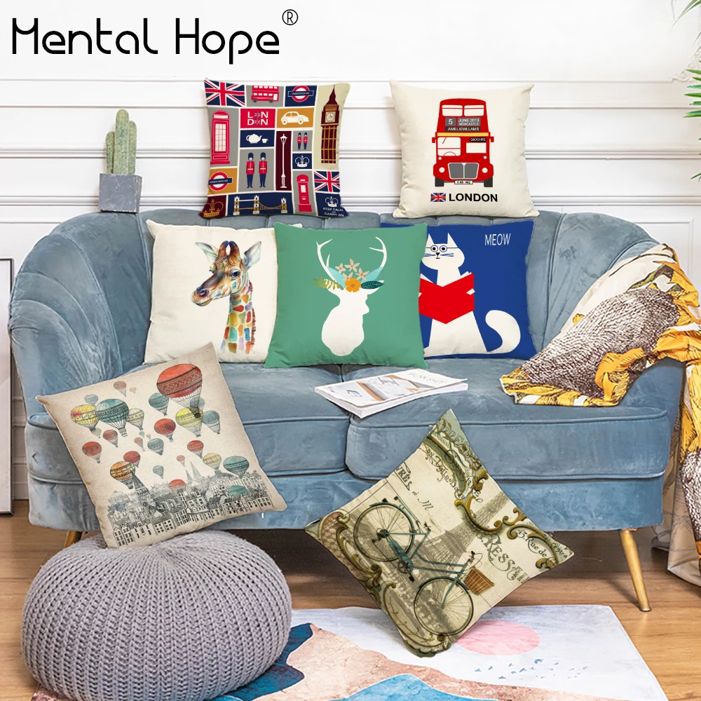 

Linen Cotton Decorative Cushion Cover Cartoon Animal Feather Pattern Throw Pillow Cover Home Decor Living Room Square Pillowcase