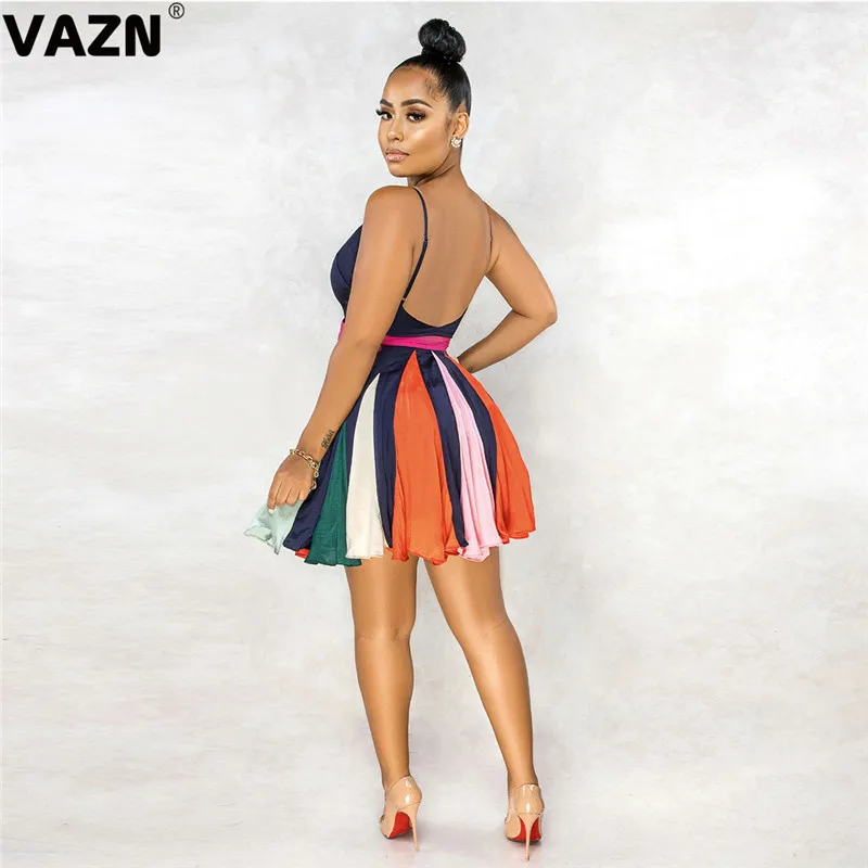 VAZN Striped Print Holiday V-neck A-line Party Street Night Club Sexy Slim Young Dress 2020 Sleeveless dress Lady | Женская одежда