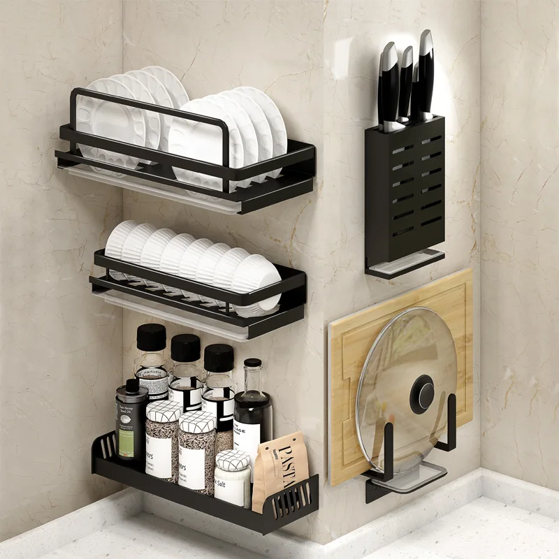 кухня Черный настенный кухонный стеллаж для хранения посуды из алюминиевого