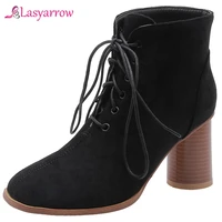 lasyarrow womens 2019 dropship ankle boots women shoes woman shoelaces add fur chunky high heel concise shoes woman boots j1052